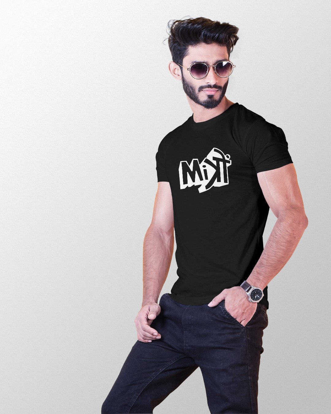 Mitro Printed Black round neck T-Shirts for Men
