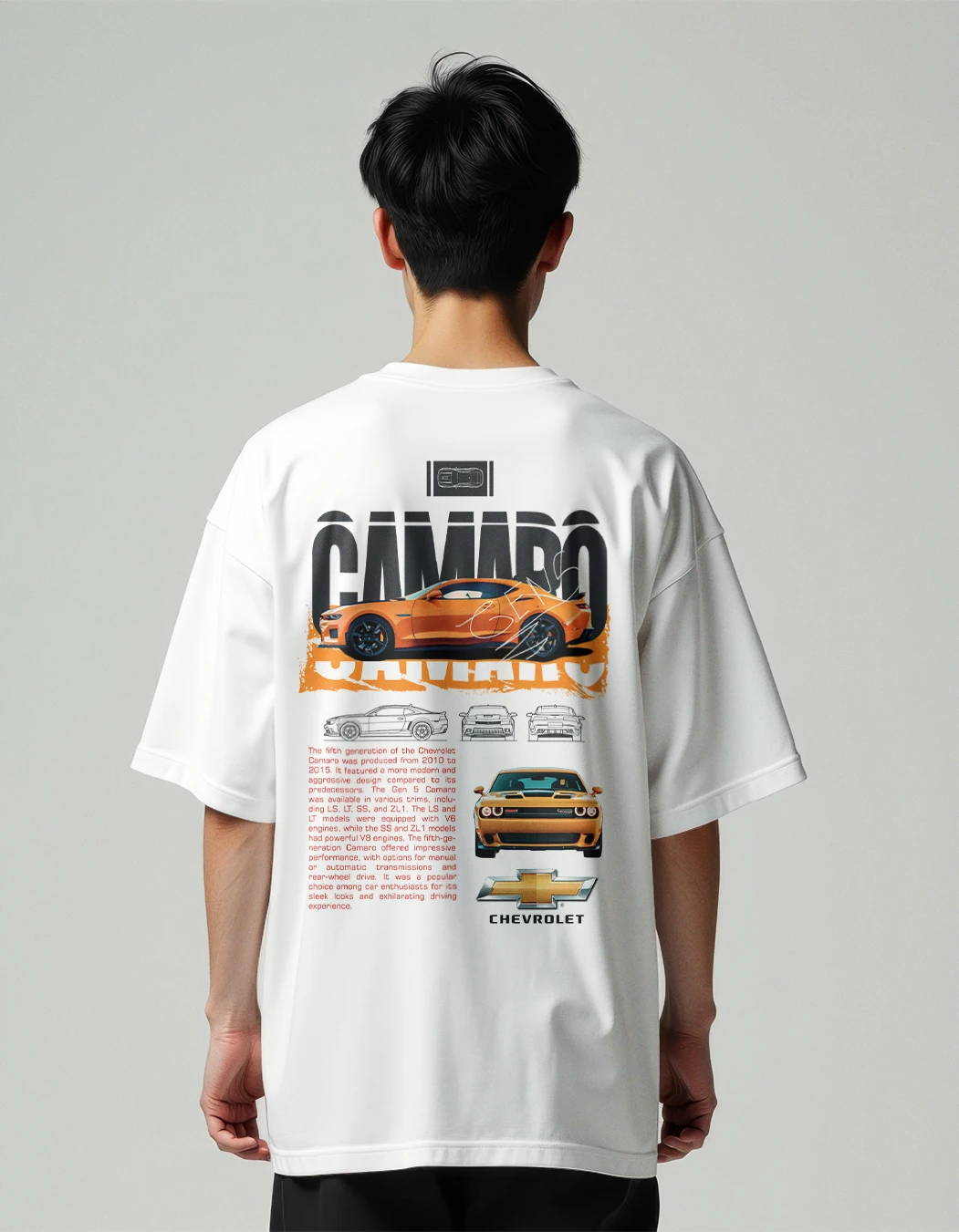 Supercar Chevrolet Camaro white oversized t-shirt